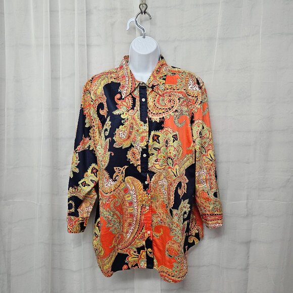 Lauren Ralph Lauren Orange Button Down Blouse Floral Paisley Office Preppy 2X - Picture 1 of 12
